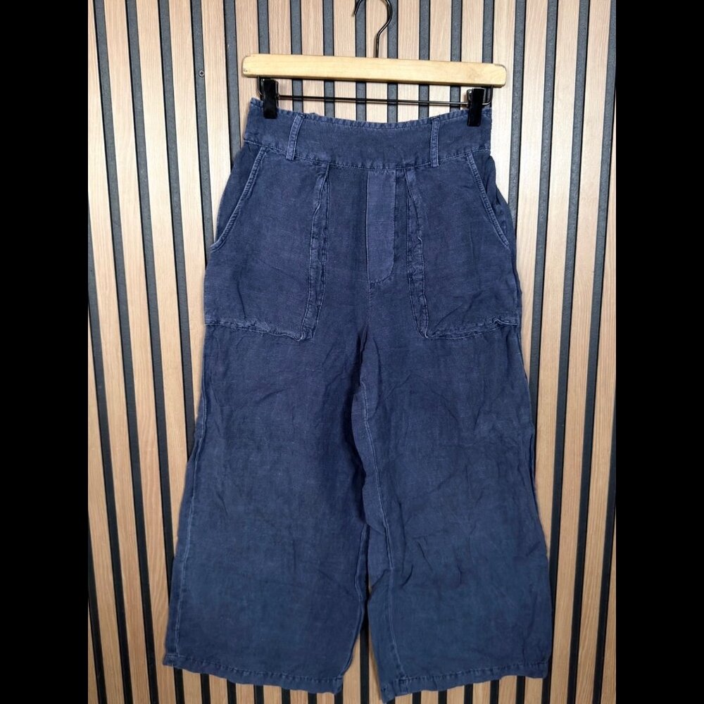 Young Fabulous & Broke Pants Medium Women Blue Linen Blend Wide Leg Pull On Crop